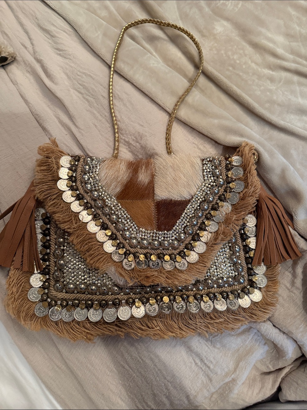 IbBan Leather, handmade Fringe Coin-Embellished Shoulder Bag in Tan and Cream.
